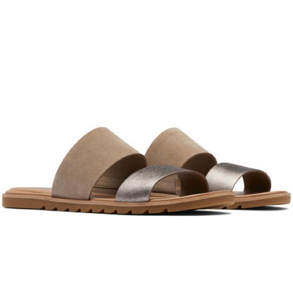 SOREL Ella II Suede + Metallic Leather Double Strap Slide Sandals NWOB Sz 8